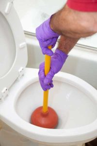 plunging a toilet with gloves